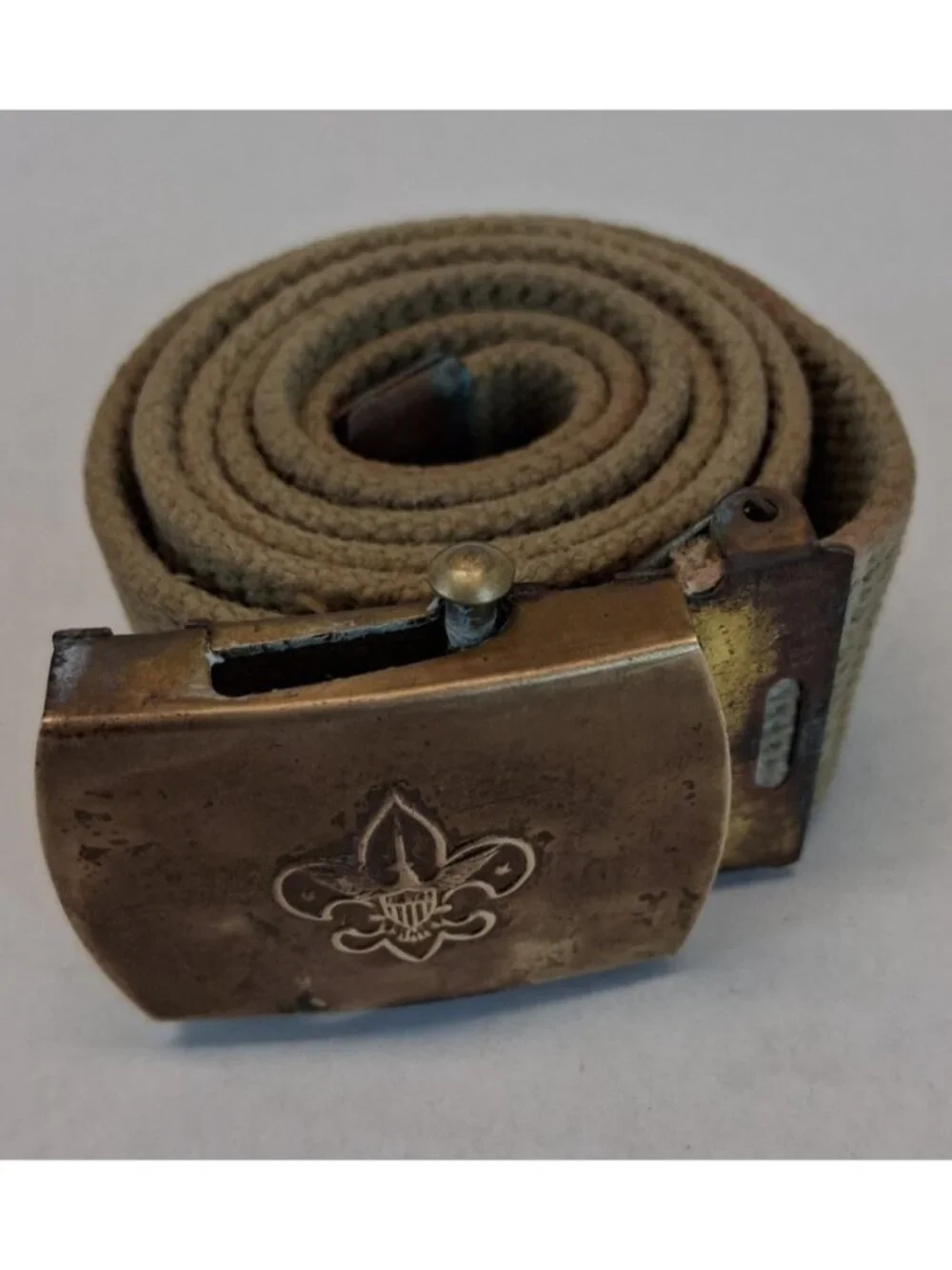 VTG Boy Scouts BSA Web Belt Brass Buckle Canvas Khaki 32” Fleur De Lis 1950-1970